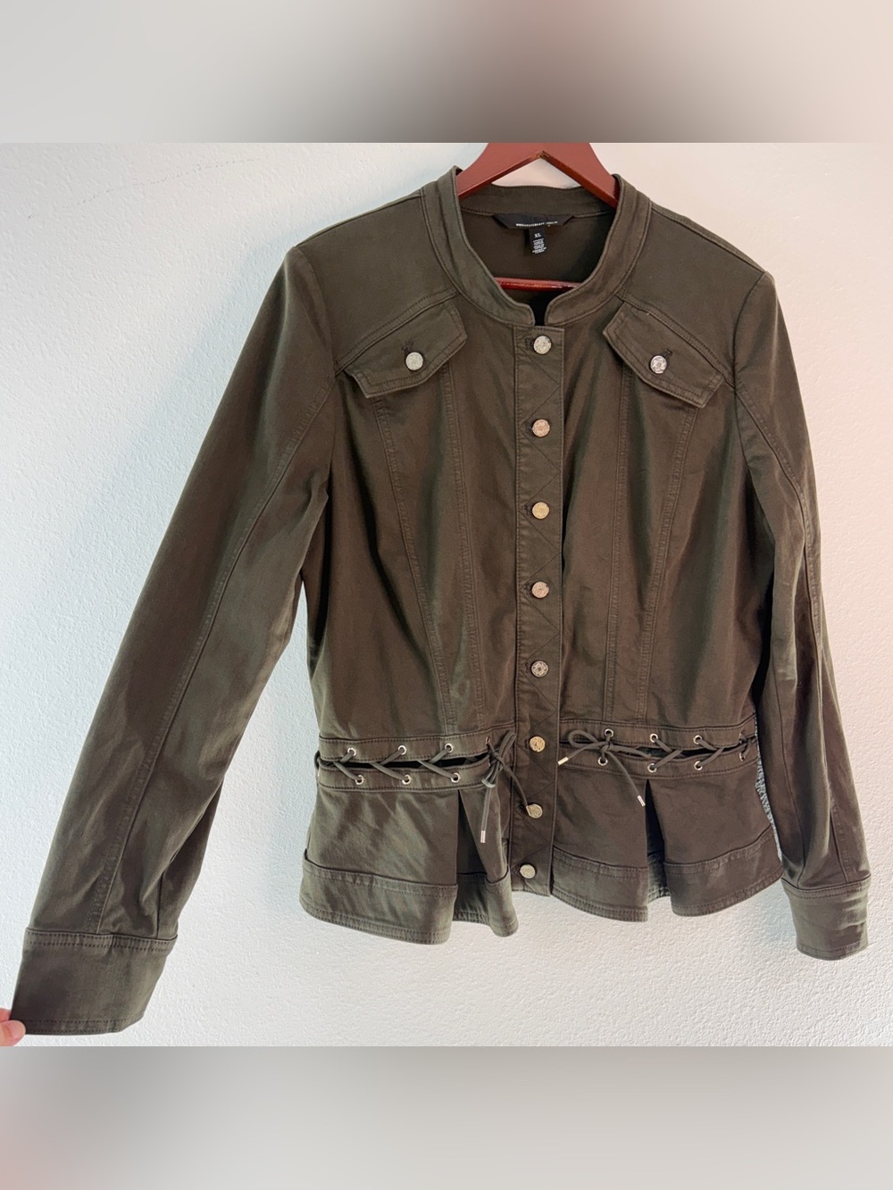 WHBM Peplum Pret Utility Jacket Army Green Tie Hip Gorpcore Prep Streetwear XL